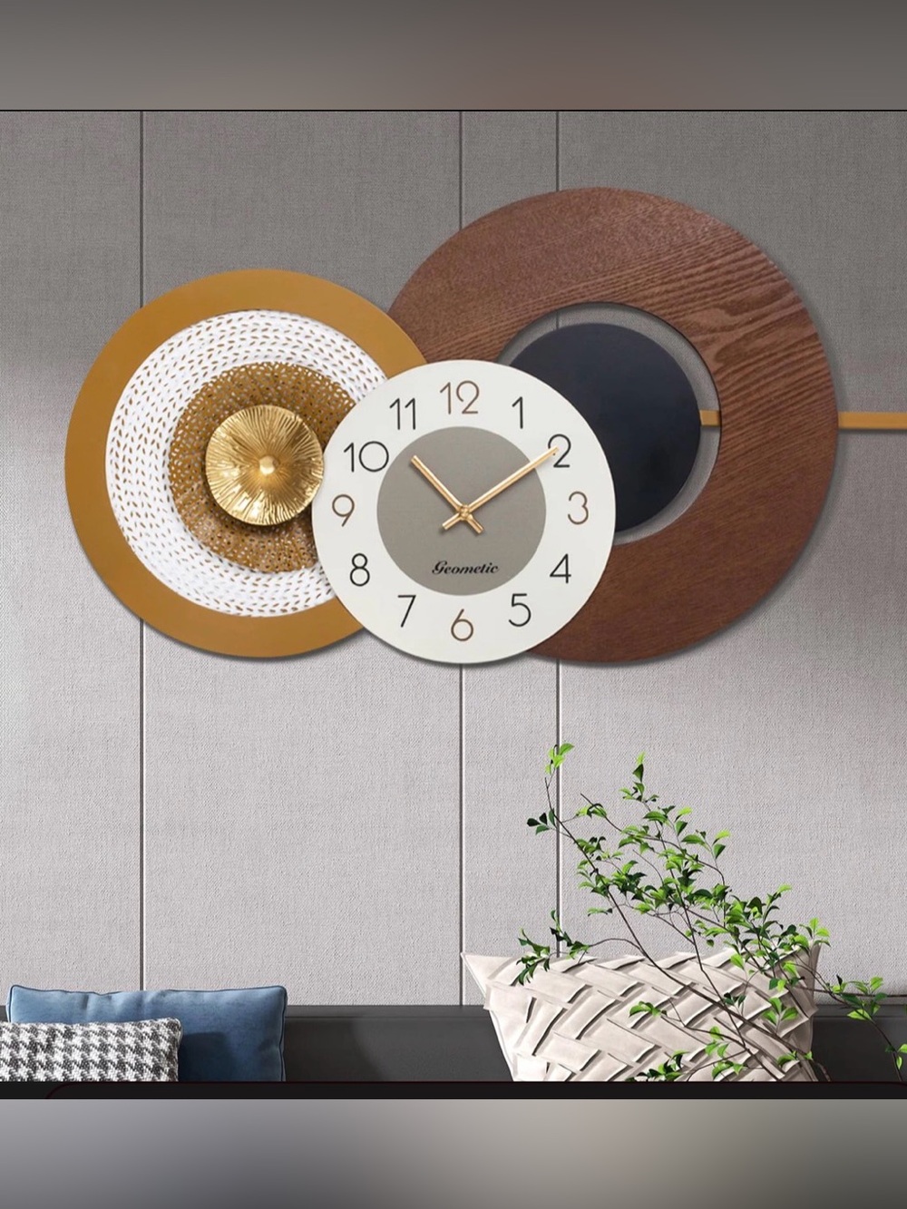 Modern Large Wall Clock Quartz Mechanism,Metal & Wood Design, Battery Operated
